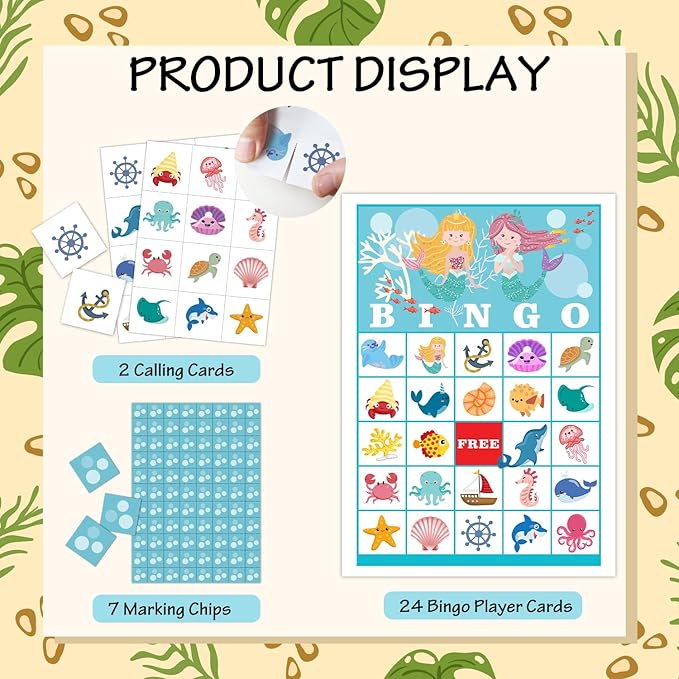 24 Players Mermaid Party Bingo Game Cards, Under The Sea Bingo Game for Large Group, Ocean Party Bingo Game Activity for Family Friend Adult Holiday -03