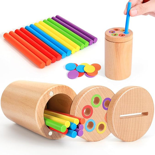 BUSOHA 2-in-1 Montessori Wooden Color Sorting Sensory Toys for 1-3 Year Old Toddlers - Fine Motor Skills Developmental Games, Travel Toys, Busy Board Gifts for Baby Boys & Girls