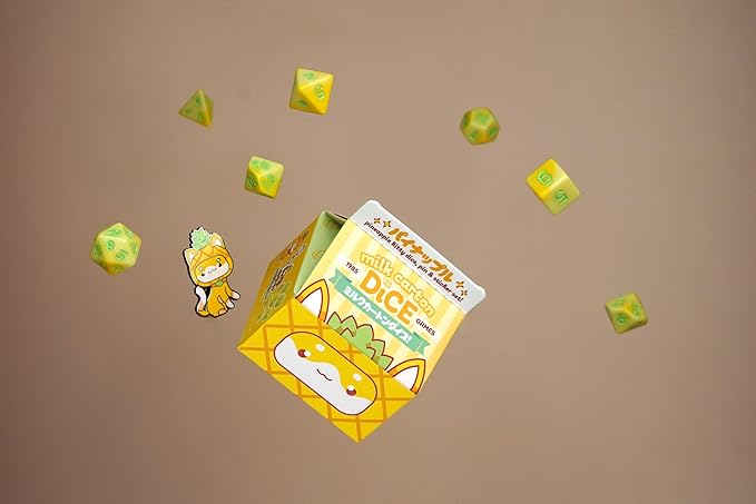 1985 Games Pineapple Kawaii Cat Dice Set – Milk Carton-Inspired Dice for DND | TTRPGs & Tabletop Roleplaying