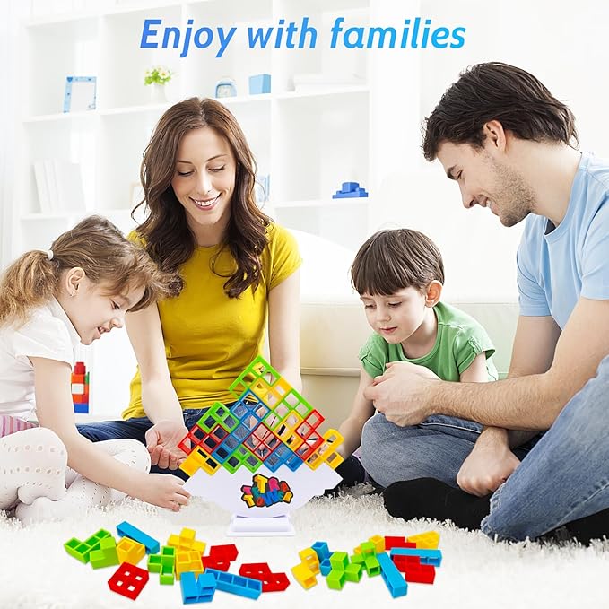 Tetra Stack Tower Attack Game - 64 Pcs with Storage Box Team Tower Game for Kids & Adults, Family Party Game Board Games Balance Stacking Toys for 2-6 Players