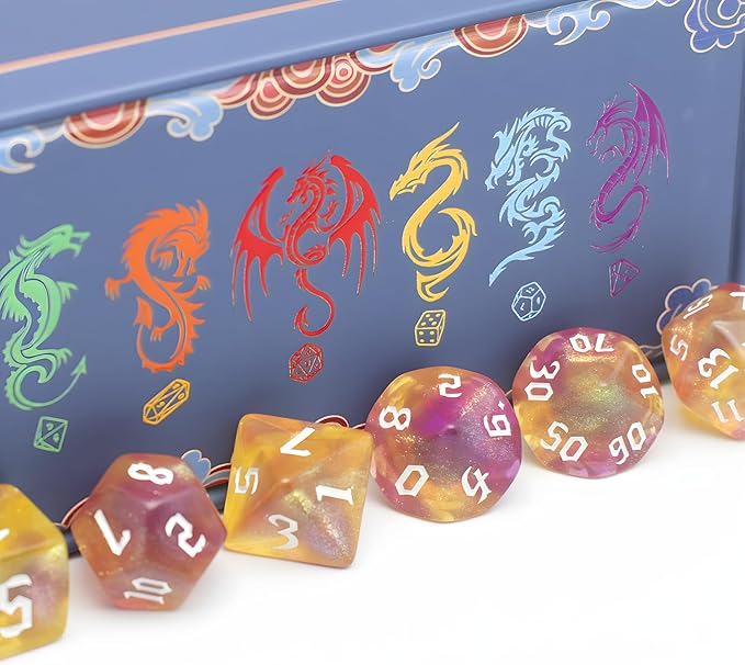 DND Dice Set with Dragon Totem Metal Gife Case, Dungeons and Dragons Dice Set,Polyhedral Dice Set Filled with Shiny Glitters,Role Playing Games and Tabletop Games (Yellow)