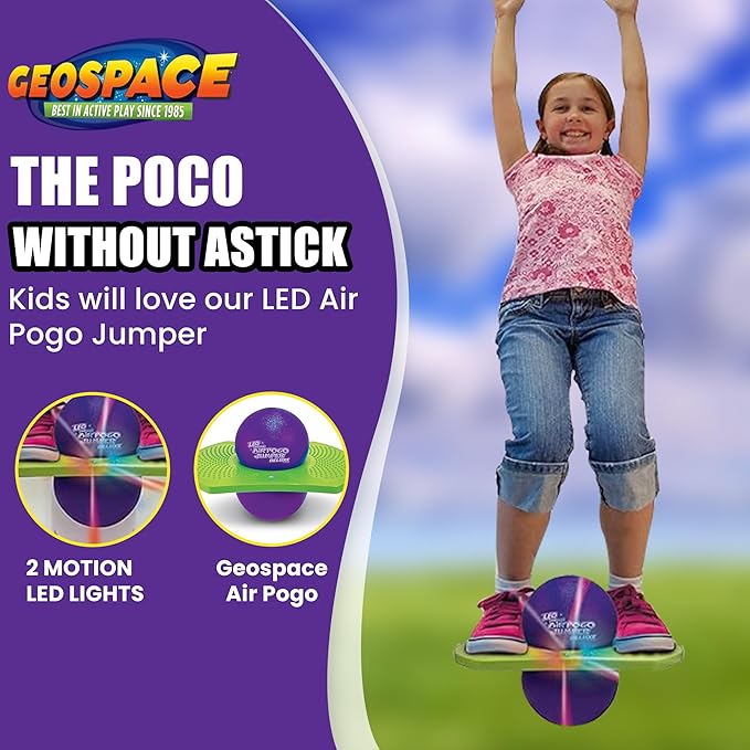 Geospace Original LED AIR POGO Jumper Deluxe with Motion-Activated Lights, Indoor or Outdoor Trick Bounce Board for Boys, Girls, Teens Ages 6+ or up to 160 lbs, Pump Included (Purple/Green)