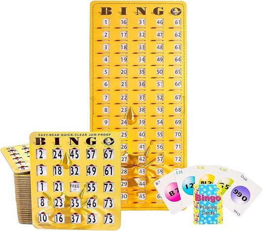 MR CHIPS Jam-Proof Bingo Cards with Sliding Windows, 25 Reusable Shutter Cards, 75 Calling Cards 1 Master Board in Gold Rush Style