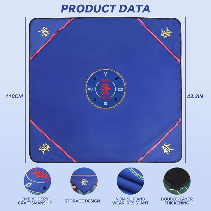 Mahjong mat,a Large-Sized Handmade Embroidered Mahjong mat,Suitable for Poker,Board Games,Card Games,Dominoes,and Other Games. It is a Noise-reducing and Anti-Slip Mahjong mat(43.3x43.3 inches Blue)