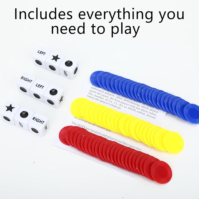 3 Pack Left Dot Star Right Dices Chips Game Set Plastic Dot-Right-Star-Left Dices and Chips Game Fun Multiplayer for Travel Party Activity