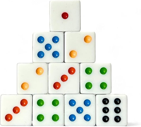 Luck Lab 10 Piece D6 Multicolor Pip Dice Pack - Acrylic 16mm Square Edge Standard Dice for RPG MTG DND Table Games and Board Games, Storage Bag Included (White Multicolor)