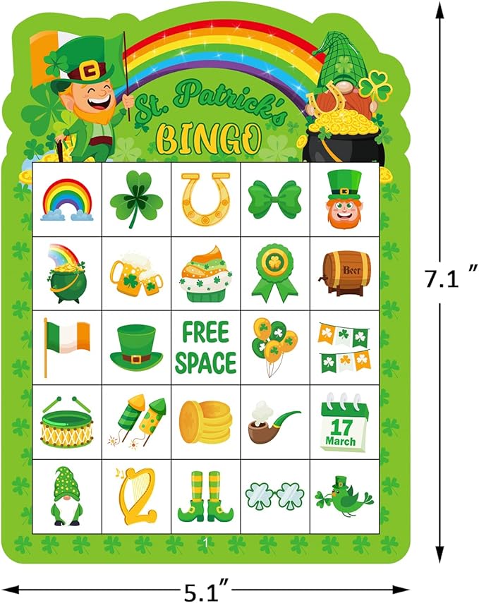 24 Players St Patrick's Day Bingo Game Cards for Kids Irish Green Shamrock Party Bingo Game St Patrick Classroom Family Activity Party Favors for Kids
