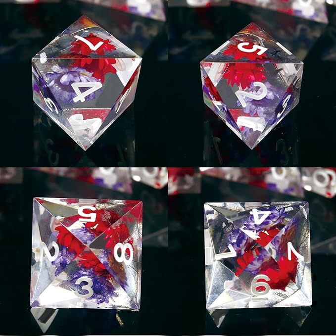 Haxtec Flower DND Dice Set Sharp Edge Dice with Dice Case Handmade Red Purple Floral Resin D&D Dice Set for TTRPGs Dungeons and Dragons Gifts