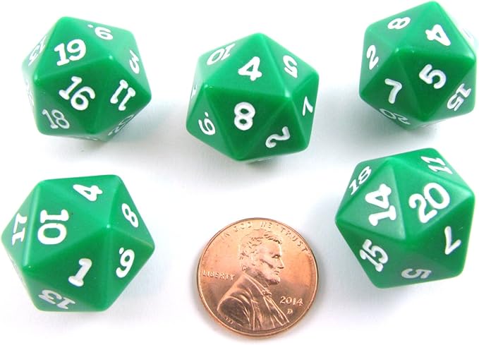 Koplow Games Set of 5 Twenty Sided 19mm D20 Opaque Dice RPG D&D Green with White Numbers Die