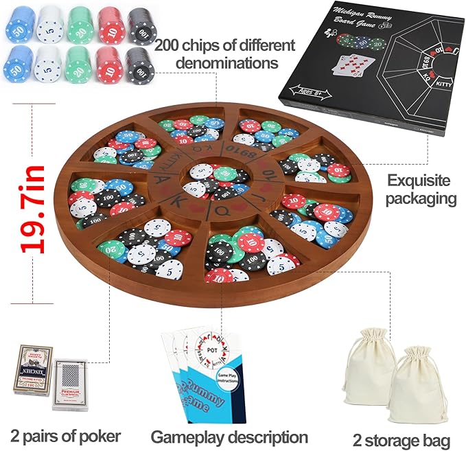 Michigan Rummy Game Luxury Set Royal Hearts Rummy Poker Wooden Tripley Board Game Bravado Game Classic Family Card Game 100 Chips 2 Playing Cards(Large Circular Shape, Walnut Color)