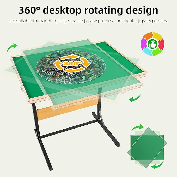 ALL4JIG 2000 Piece Jigsaw Puzzle Table with Legs,Wooden Jigsaw Puzzle Table with 4 Drawers & Cover,360°Rotating for Easy Access,Adjustable Angle & Height Adjustment
