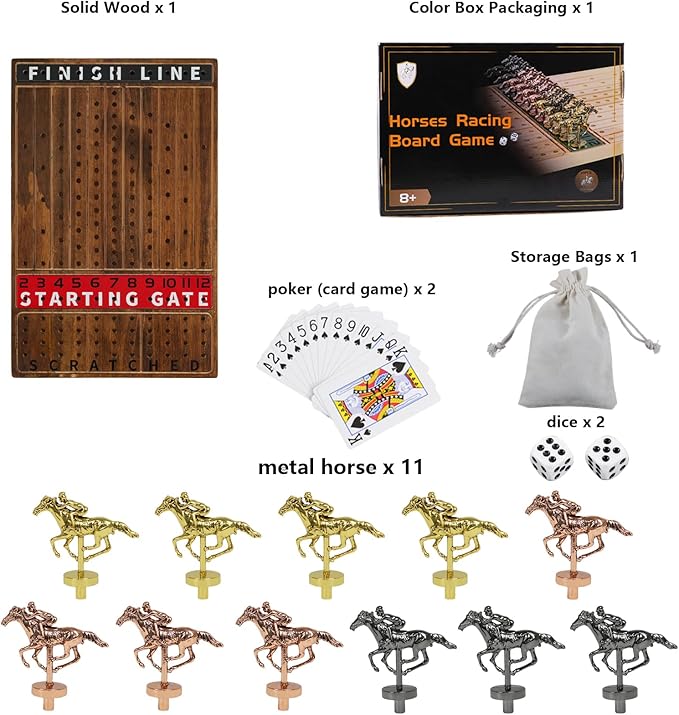 Horse Racing Board Game Comes with 11 Luxurious Metal Horses,2 Dice and 2 Boxes of Cards Solid Wood Horse Racing Board Color Box Packaging Finish Line Game Horse Racing Set (Burnt Color-Medium Size)
