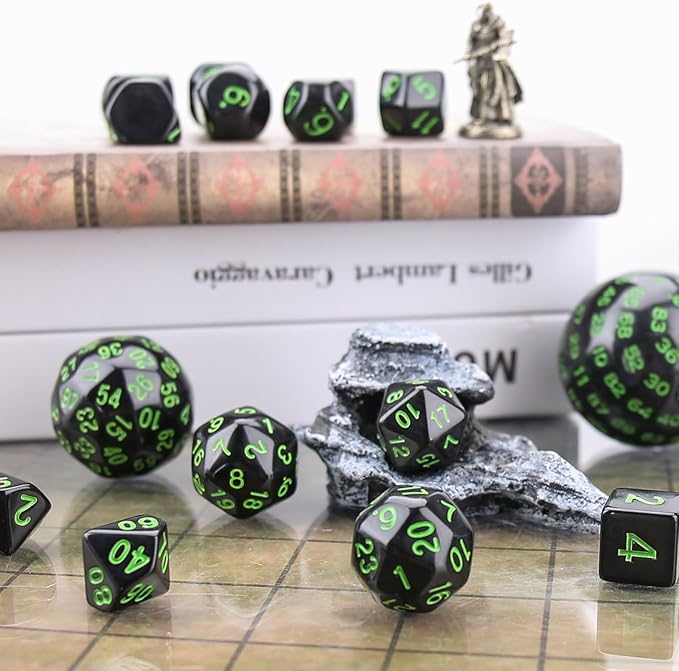 Coyeekn DND Dice 15 Pieces Polyhedral Dice D3-D100 with Dice Bag for Role Playing Table Games (Black & Green)