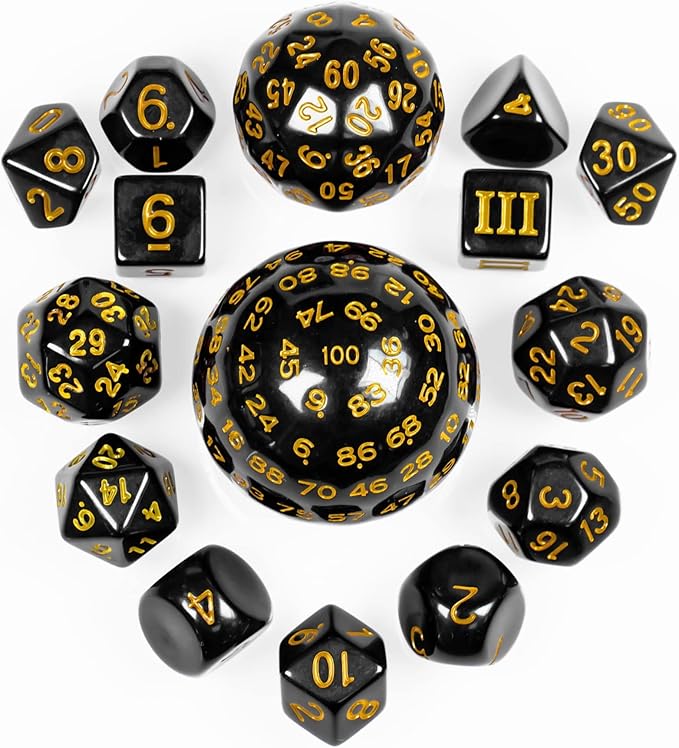 15 Pieces Complete Polyhedral DND Dice Set D3-D100 Spherical D&D Dice Set with Dragon Eye Dice Bag, D100 Dice for Dungeons and Dragons, RPG, MTG Table Games(Black w/Yellow Numbers)