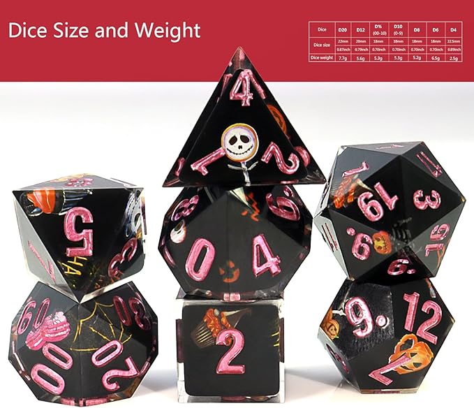 DND Dice Set Polyhedral, IDTQ Dungeons and Dragons Purple Dice Set RPG MTG Table Games 7-Die Resin Sharp with Acrylic Starlight Accent Box (Pumpkin - Black)