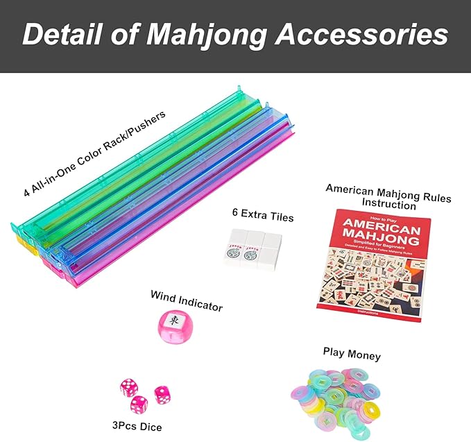 American Mahjong Tile Set, 166 Premium White Tiles, 4 All-in-One Color Rack/Pushers, Complete Mahjong Game Set Red Carrying Bag