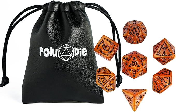 7-Die DND Dice Set Halloween Pattern Polyhedral Die Set with Leather Bag, Skull Dice D&D Die for Dungeons and Dragons RPG Table Games (Halloween Pattern-Orange/Black Number)