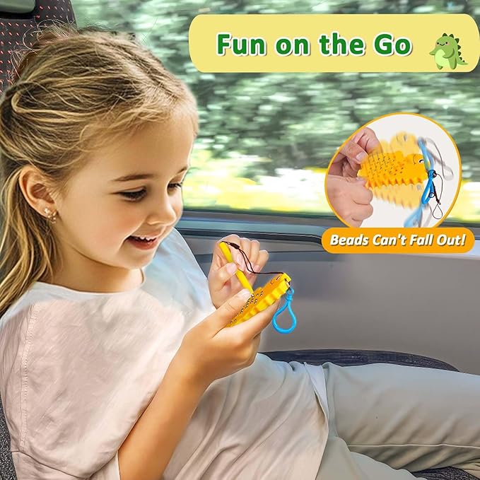 Magnetic Drawing Board for Kids Toddlers with Beads and Magnet Stylus Pen - Keychains Magnetic Dot Art Airplane & Car Ride Road Trip Activities Travel Toys for Kids (Yellow Dinosaur)