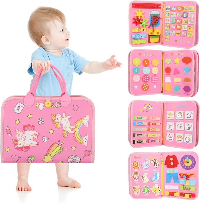 Busy Board, 7 in 1 for 3+ Years Old, 91Pcs Montessori Board to Learn Fine Motor Skills, Sensory Board, Preschool Educational Toys for Toddler Travel - Pink