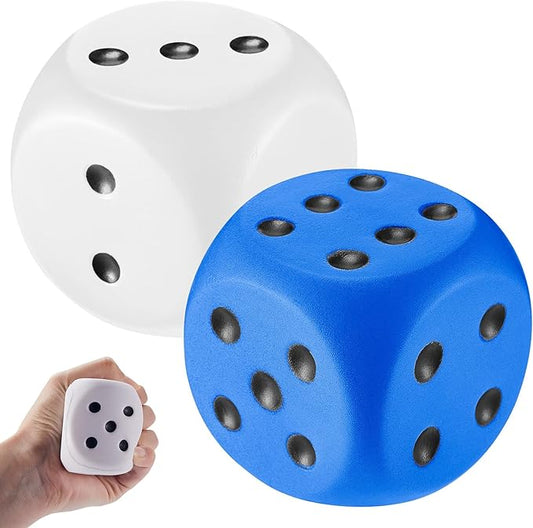 Zomiboo 2 Pcs Large Foam Dice Stress Balls Soft Jumbo 6 Sided Giant Dice Educational Learning Squeeze Anxiety Relieve Toy Gifts for Adults Kids Board Game Classroom(White, Blue,2.3 Inch)