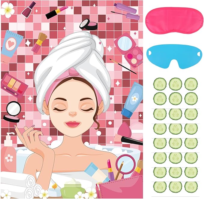 Hooqict Spa Party Games Pin The Cucumbers on The Girl Spa Birthday Party Supplies for Kids Girls Women, Large Sleepover Slumber Pin The Games Poster with 42 Cucumber Stickers