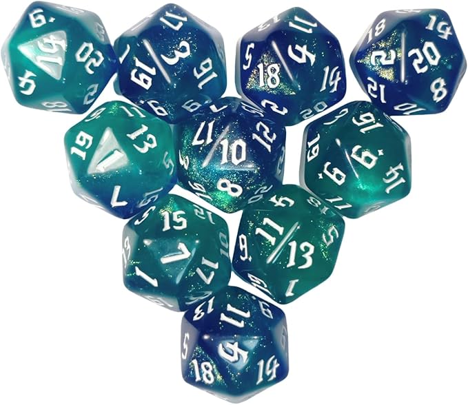 10PCs D20 Polyhedral Dice Set 22mm for DND RPG MTG Dungeons and Dragons Dice (Blue + Cyan)
