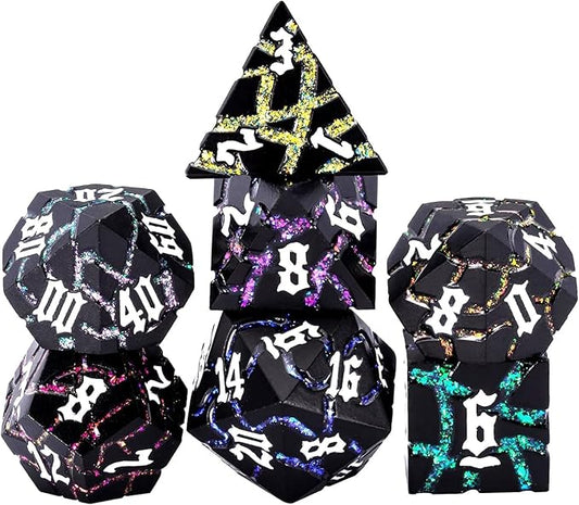 Dice Set D&D,Dungeons and Dragons Metal Dice Set with Box, Crack Glitter Polyhedral Dice for Role Playing Game (Matte Black 7 Colors)