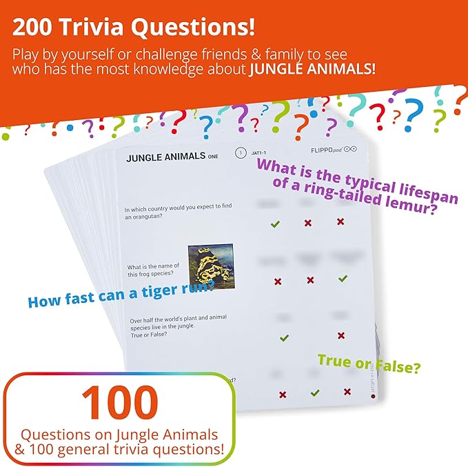 Quiz Device Game - Jungle Animals Trivia Quiz Game - 25 Cards - 200 Questions - Educational & Fun - Ideal Travel Games for Kids - Family Quiz Games - Portable Pack - Age 6+