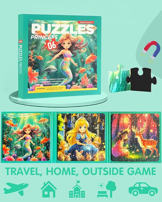 Magnetic Puzzles for Toddlers 4-6 Girls, Mermaid Princess Travel Puzzles for Kids Ages 3-5, 3 in 1 Dinosaurs Magnet Jigsaw Puzzle Book, Preschool Learning Toy for Kids 4-8 Year (Princess)