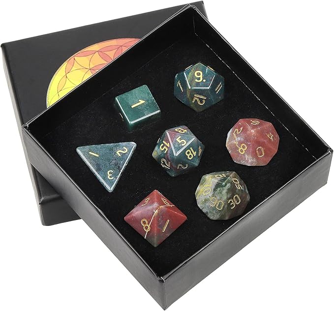 TUMBEELLUWA Engraved Crystal Stone Polyhedral Dice Set for RPG MTG Dungeons and Dragons Table Game 7 Pieces DND Board Game Dices with Pouch, Indian Agate
