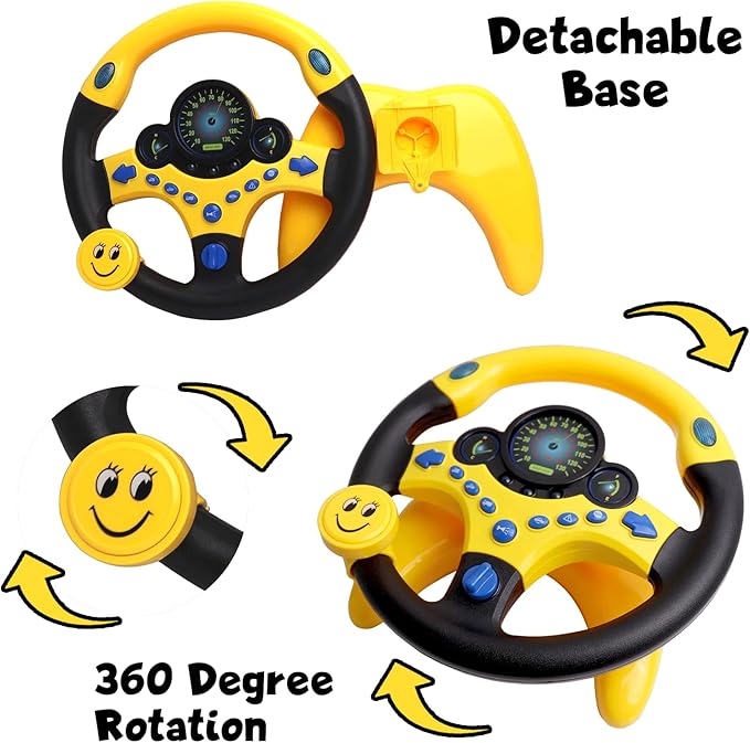 Kids Steering Wheel Toy for Car with Light and Music,Suction Cups Base-Interactive Simulated Driving Toy Steering Wheel for Kids Boys Girls,Yellow