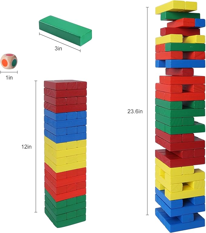 GOTHINK Tumble Tower Game for Kids and Adults, 60pcs Wooden Stacking Board Games Building Blocks for Kids and Family Games Night, Colorful Wood Balancing Blocks Game