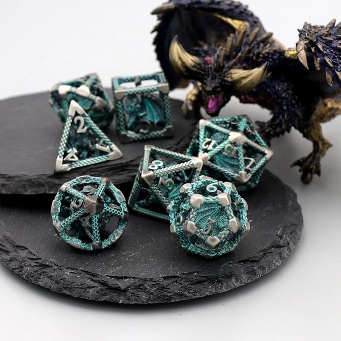 D&D Hollow Metal Polyhedral Dice Set for RPG and Tabletop Games - 3D Silver Blue