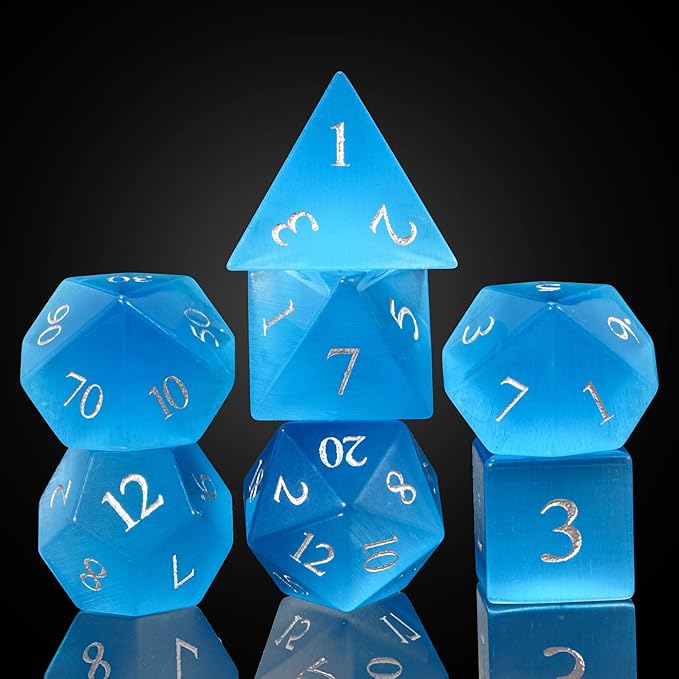 UDIXI Gemstone DND Dice Set 7PCS Stone D&D Polyhedral Dice for Dungeons and Dragons Table Games (Blue Cat's Eye)