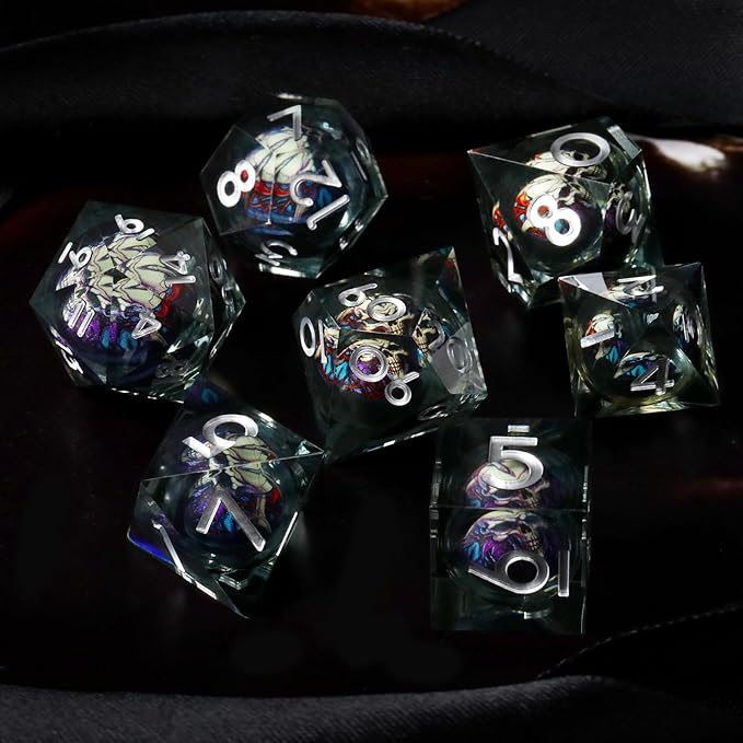 Skeleton Design Skull DND Dice Set 7pcs Sharp Edged Resin Polyhedral Dice for Roleplaying Games, Gift Box Included(Black Silver)
