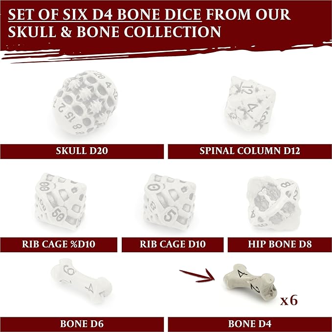 D4 Dice Set - Set of Six 4 Sided Dice - Skull & Bone Themed RPG Dice. Cool & Unique Gift and Compatible with Dungeons & Dragons (DND), D&D, Pathfinder, D and D. (Cleaned Bone White)