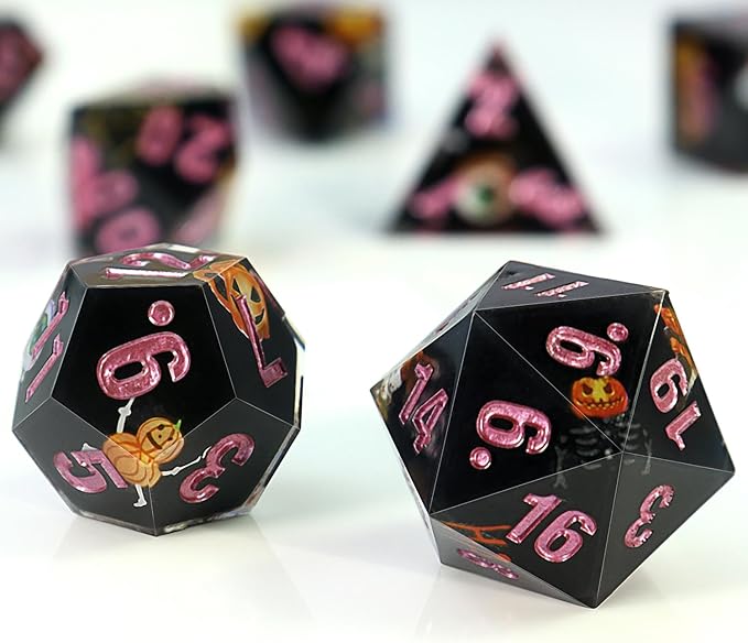 DND Dice Set Polyhedral, IDTQ Dungeons and Dragons Purple Dice Set RPG MTG Table Games 7-Die Resin Sharp with Acrylic Starlight Accent Box (Pumpkin - Black)