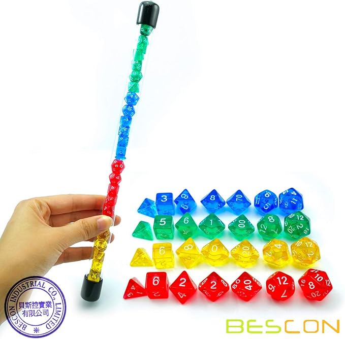 Bescon 28pcs Colorful Translucent Mini Polyhedral Dice Set in Tube, Dungeons and Dragons RPG Dice 4X7pcs,Mini Gem Dice Set