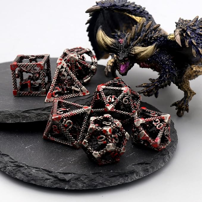 D&D Dice, Dungeons and Dragons Dice HNCCESG Metal Dice Set Polyhedral Hollow Role Playing for RPG MTG Table Board Games (Dragon Silver Blood Spot)