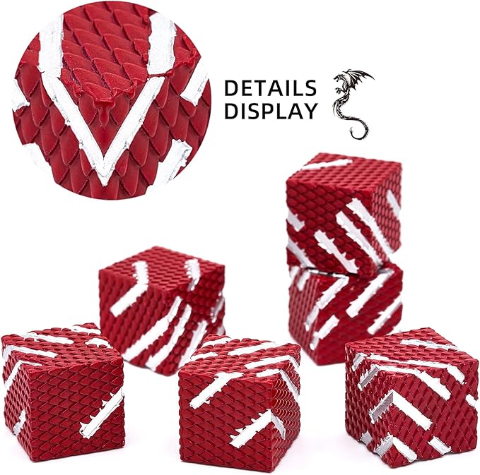 Metal Dice Set,16mm 6-Sided Unique Dice with Dragon Scale Design, for MTG DND Tenzi Farkle Yahtzee Bunco or Math Learning(Ls-Red White)