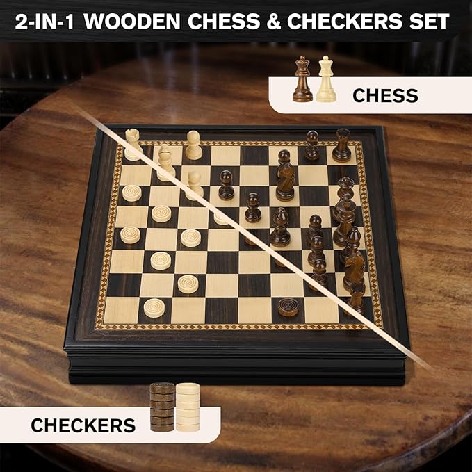 Peradix Magnetic Chess Checkers Board Sets with 2 Built-in Storage Drawers,12.8" Classic 2 in 1 Wooden Games with 2 Extra Queens for Kids and Adults,Travel Portable Chess Game Set