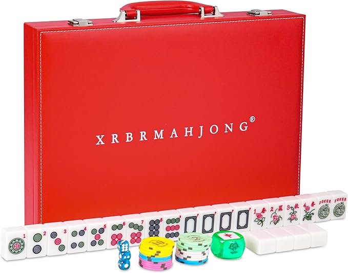 Large 1.5" American Mahjong Set with Red Leather Case,166 Quality Tiles,Jade White/Antique Ivory Luxury Game for Family Nights/Collector Gifts (Racks and Pushers not Included) (Jade White)