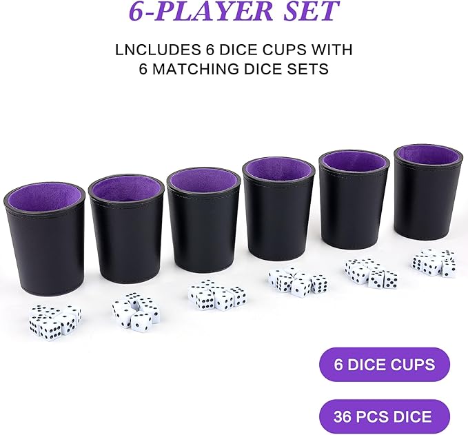 Felt-Lined PU Leather Dice Cup Set, 6 Quiet Dice Shaker Cups with 36 Dices for Bar Party Yahtzee Farkle Dice Games, Purple
