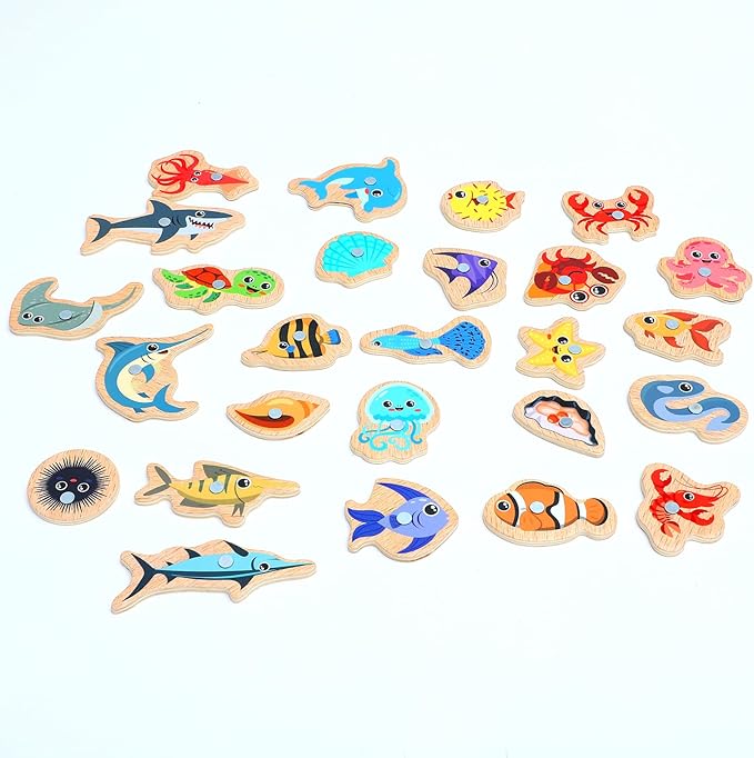 ONEST 34 Pieces Magnetic Fishing Game for Kids Wooden Magnet Fishing Game Wooden Magnetic Toys for Kindergarten Preschool Girl Boy