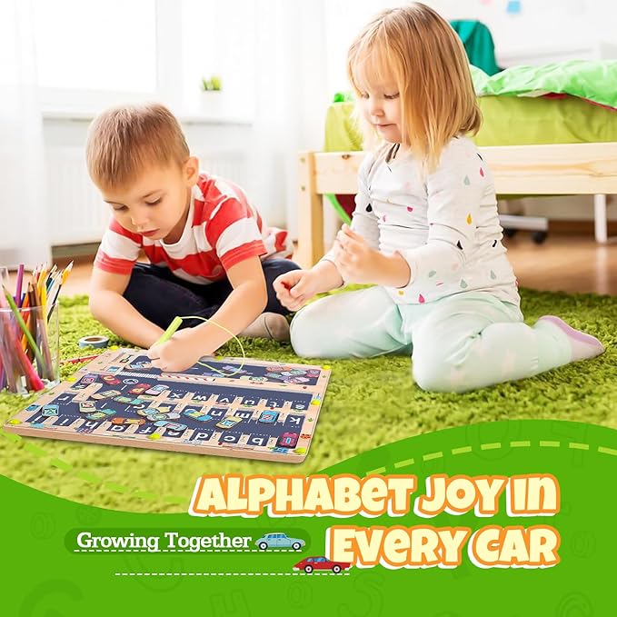 Magnetic Alphabet Maze Letter Puzzle Board, NOWRICH Montessori Toys for 2 3 4 5 Years Old Boys Girls, Magnet Alphabet Learning Car Parking Maze Toys for Kids 3-5, Easter Birthday Gifts for Toddler