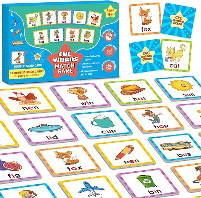 CVC Word Games Kindergarten, Memory Games for Kids Ages 4-8 & Matching Games for Toddlers 3-5, 60 PCS Phonics Games Flash Cards, Educational Toys Homeschool Supplies for Boys and Girls