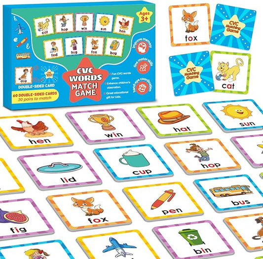 CVC Word Games Kindergarten, Memory Games for Kids Ages 4-8 & Matching Games for Toddlers 3-5, 60 PCS Phonics Games Flash Cards, Educational Toys Homeschool Supplies for Boys and Girls