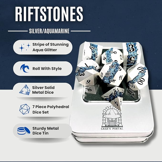 Sage's Portal Metal Riftstone DND Dice 7-PC Polyhedral Dice Set for DND TTRPG Dungeons and Dragons Pathfinder Oversized Designer Dice (Pearl Silver/Aquamarine)