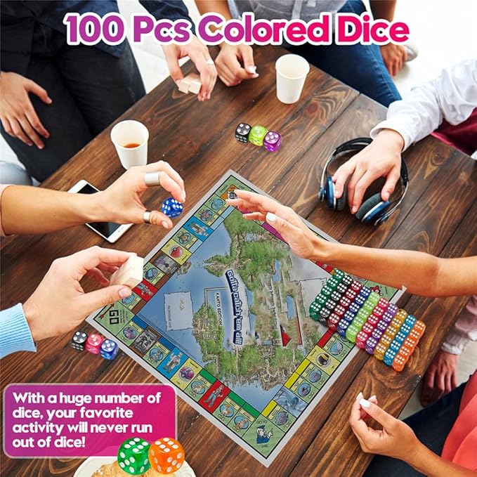 100 Pieces 16MM Colored Dice Set, Standard Bulk Colors Dices, Classroom Dice, Translucent 6 Sided Games Dice for Board Games, Parties, Classroom Math Games