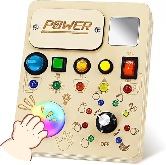 Busy Board Montessori Toy for Toddler, Wooden Sensory Activity Board with LED Light UP Switch, Baby Fidget Board Travel Toys for 18+ Months, 1 2 3 Year Old Boys Girls Toddler Toys Gifts